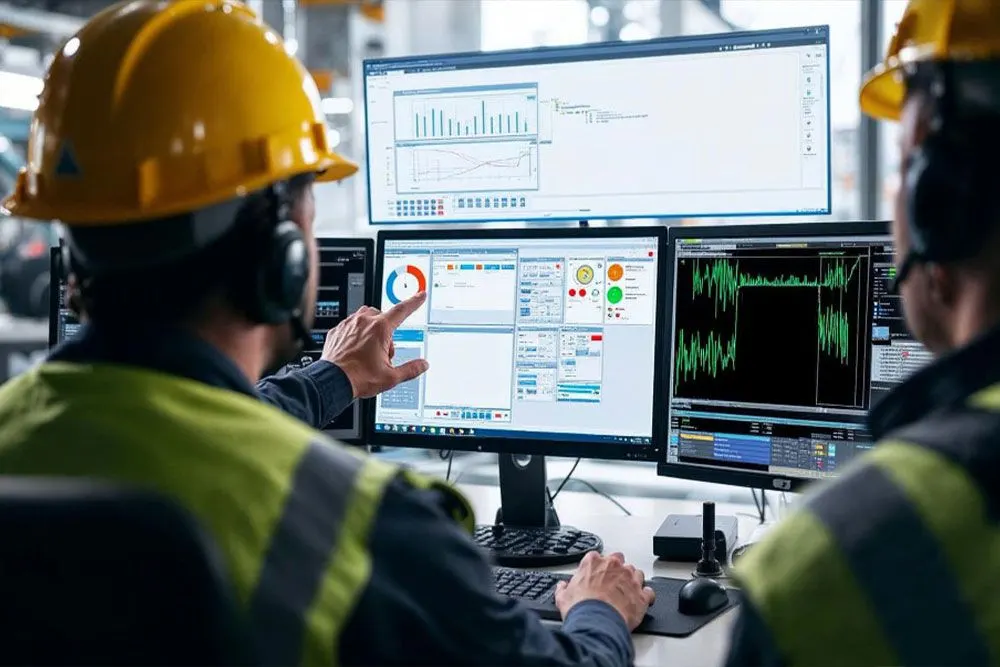Engineers in hard hats reviewing performance dashboards on control-room monitors