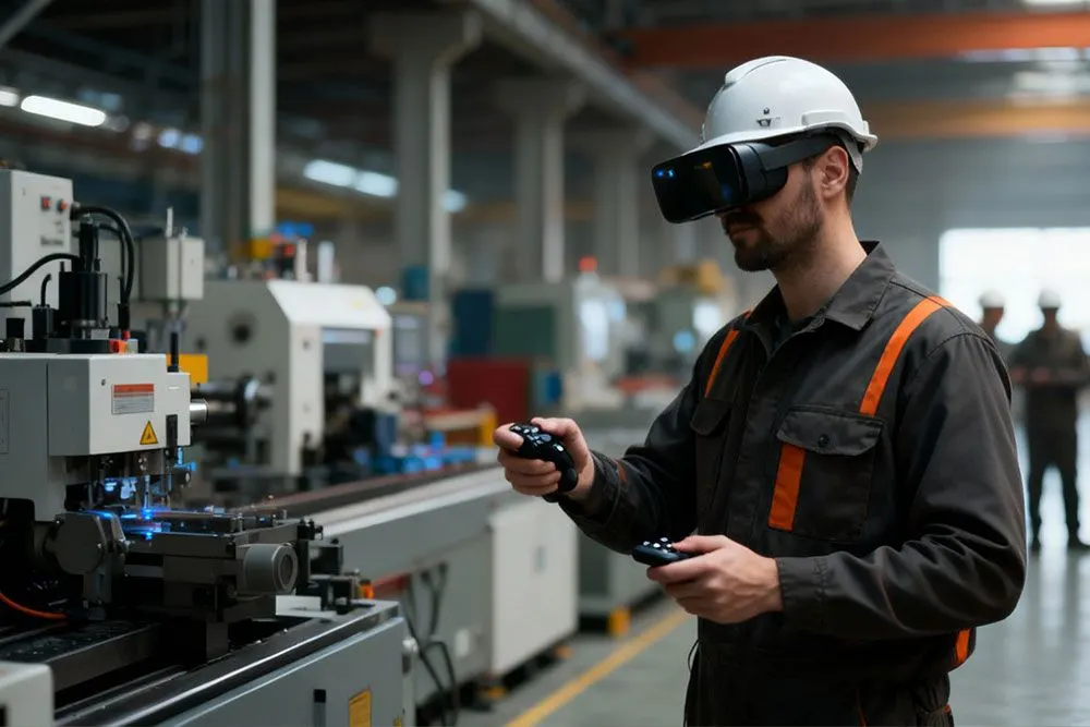 Factory worker in a VR headset using controllers beside a production line