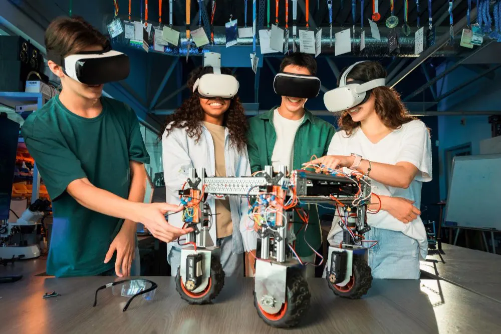 Four trainees in VR headsets working together on a robotics rig