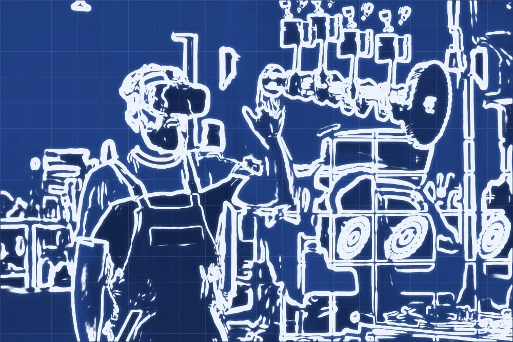 The same workshop rebuilt as a blueprint-style XR twin